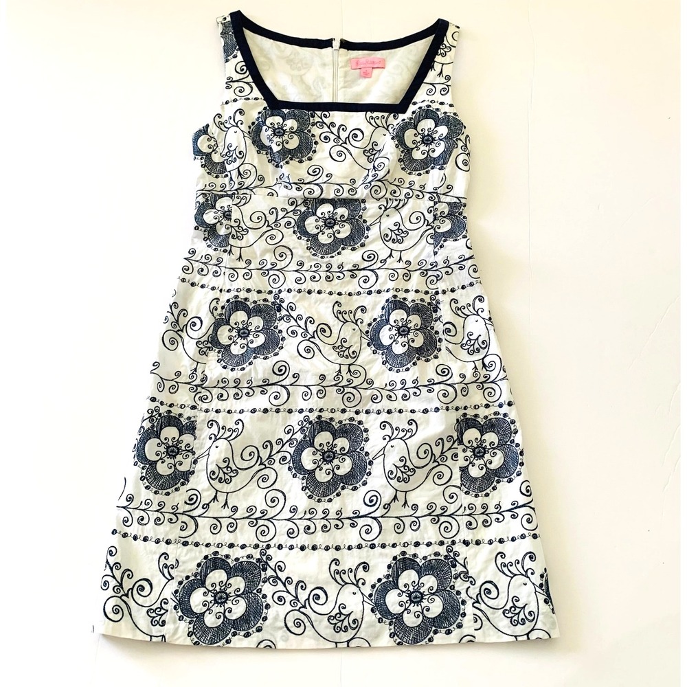 HTF Lilly Pulitzer Bird is the Word Embroidery Cotton Shift Dress 0 Square Neck